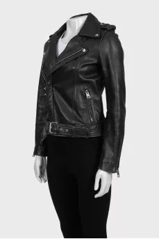 Black leather jacket with a belt at the waist