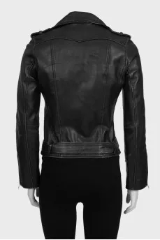 Black leather jacket with a belt at the waist