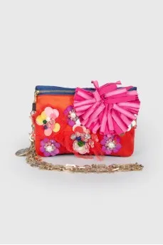 Textile clutch floral applique bag