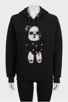 Black hoodie with a hood and voluminous decor