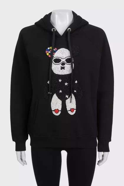 Black hoodie with a hood and voluminous decor