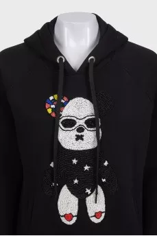 Black hoodie with a hood and voluminous decor