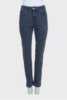 Straight-leg blue jeans with leather trim