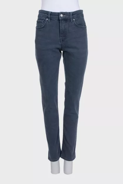 Straight-leg blue jeans with leather trim