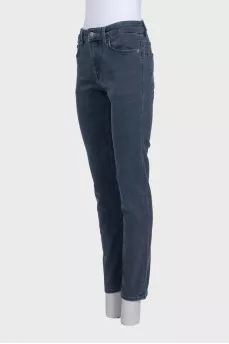 Straight-leg blue jeans with leather trim