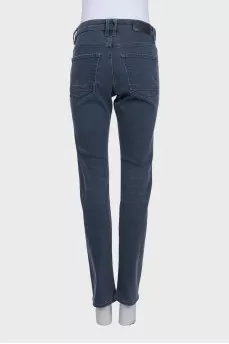 Straight-leg blue jeans with leather trim