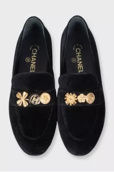 Velvet loafers with gold trim