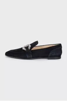 Black suede loafers with embellished strap