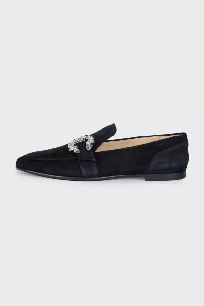 Black suede loafers with embellished strap