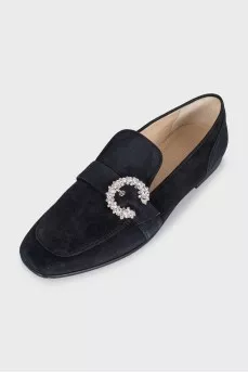 Black suede loafers with embellished strap