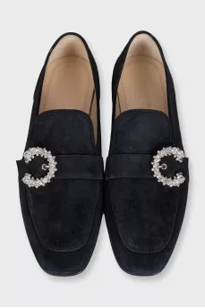 Black suede loafers with embellished strap