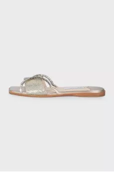 Gold leather flip-flops decorated with crystals