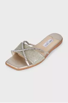 Gold leather flip-flops decorated with crystals