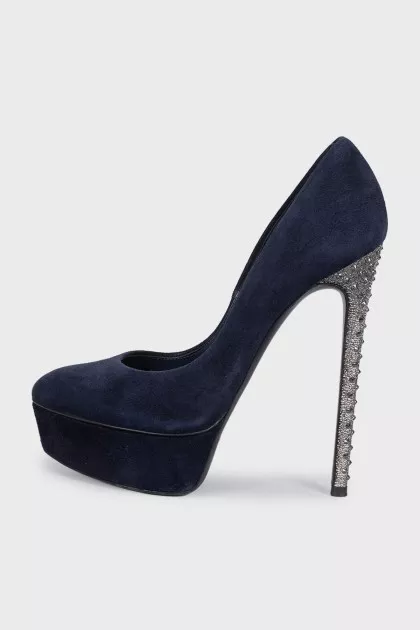 Suede shoes with rhinestone-embellished heels