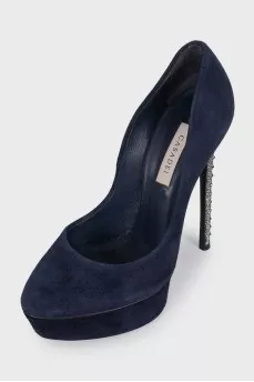 Suede shoes with rhinestone-embellished heels