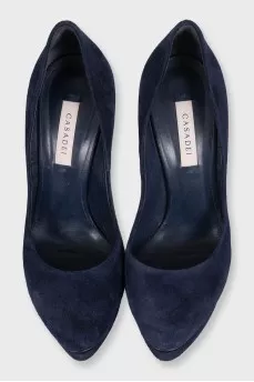 Suede shoes with rhinestone-embellished heels