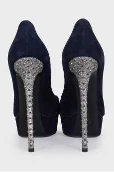 Suede shoes with rhinestone-embellished heels