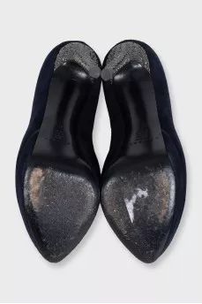 Suede shoes with rhinestone-embellished heels
