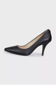 Black leather shoes with stacked heels