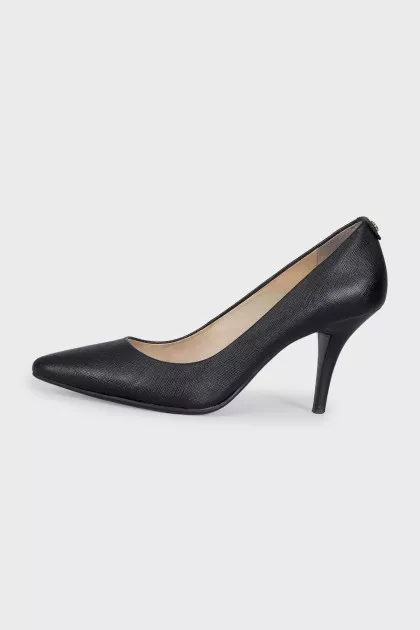 Black leather shoes with stacked heels