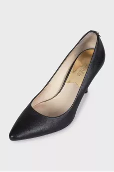 Black leather shoes with stacked heels