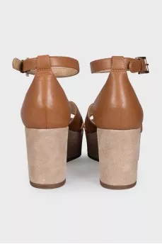 Brown leather sandals with suede wedge heels