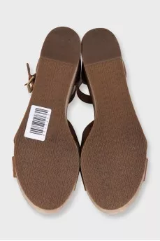 Brown leather sandals with suede wedge heels