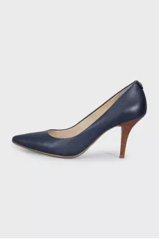 Blue leather shoes with stacked heels