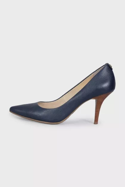 Blue leather shoes with stacked heels