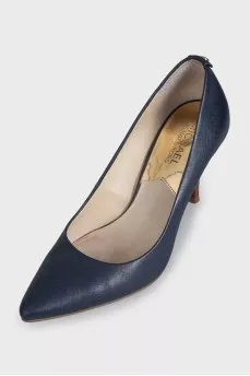 Blue leather shoes with stacked heels