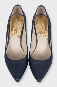 Blue leather shoes with stacked heels