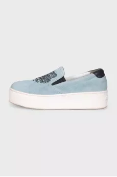Blue suede logo slip-ons