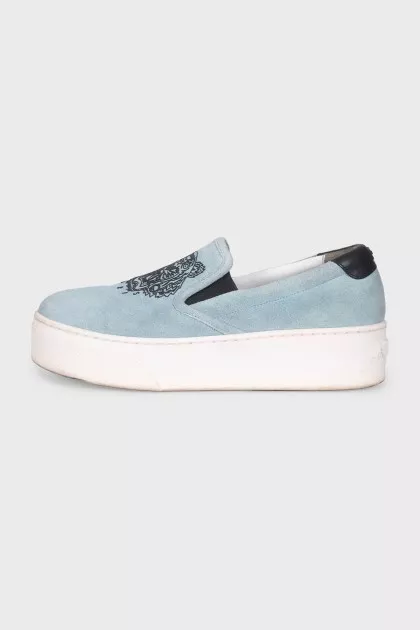 Blue suede logo slip-ons