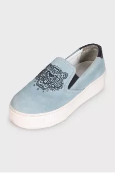 Blue suede logo slip-ons