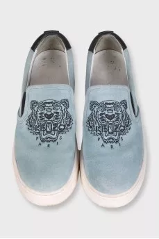 Blue suede logo slip-ons