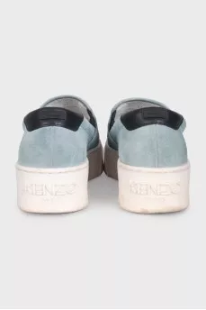 Blue suede logo slip-ons