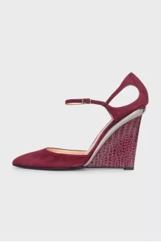 Suede wedge sandals with silver insert