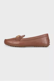 Brown leather loafers with gold logo