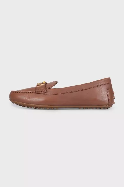 Brown leather loafers with gold logo
