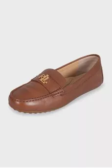 Brown leather loafers with gold logo