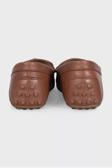 Brown leather loafers with gold logo