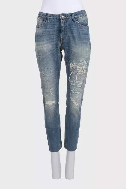 Рваные джинсы straight fit синего цвета
