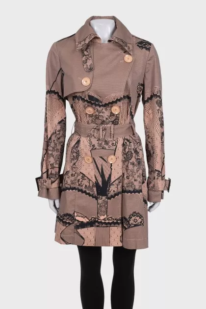 Double-breasted trench coat with print