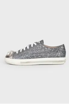 Leather sneakers with silver rhinestones and sequins