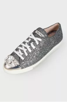 Leather sneakers with silver rhinestones and sequins