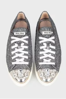 Leather sneakers with silver rhinestones and sequins