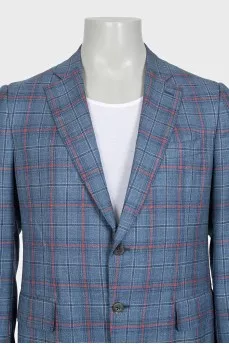 Men's blue single-breasted blazer with a checkered print