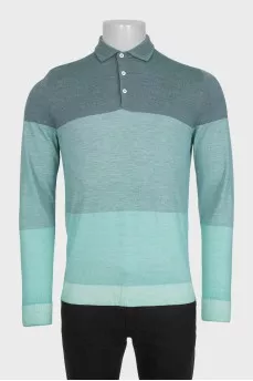 Men's green striped long sleeve polo shirt