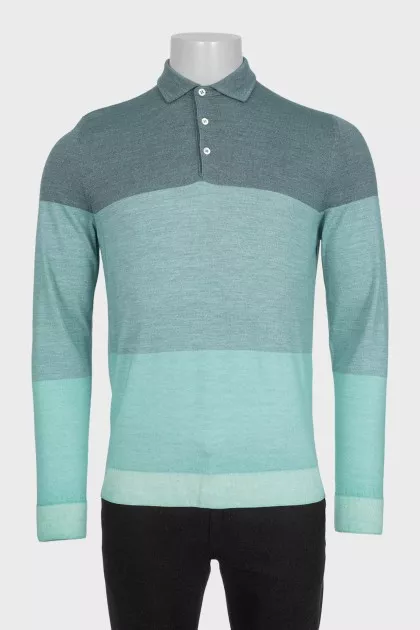 Men's green striped long sleeve polo shirt