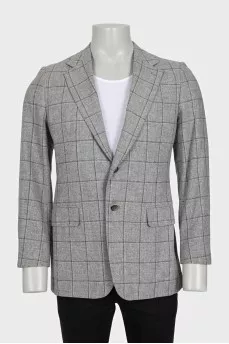 Men's gray single-breasted blazer with a checkered print